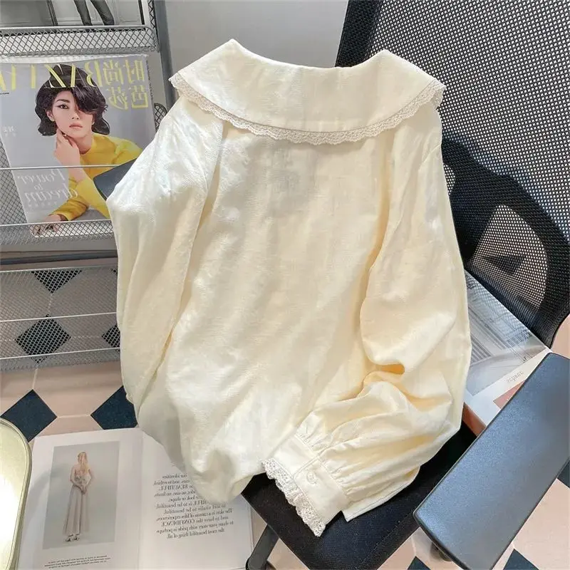 Französisch Süße Elegante Kleine Peter Pan Kragen Puff Langarm Shirts Einfache High Street Alle Spiel Basis Bluse Faule Frauen Kleidung