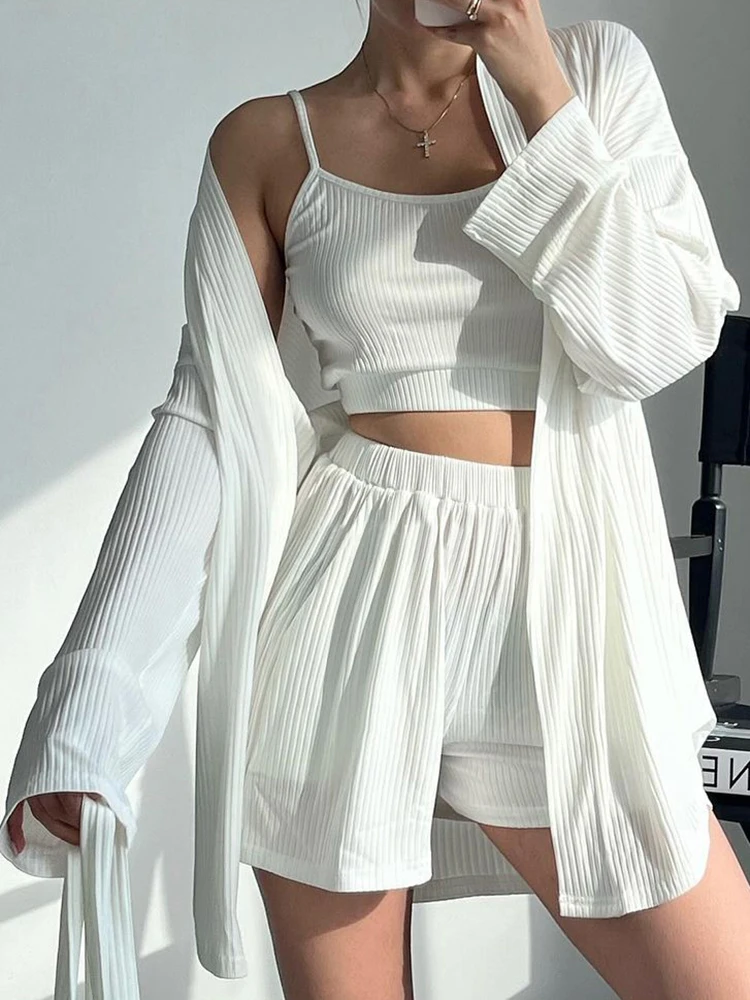 Linad Knitted Ribbed 3 Piece Sets Pajamas For Women Casual Long Sleeve Sleepwear Female Crop Top Loose Summer Suits With Shorts