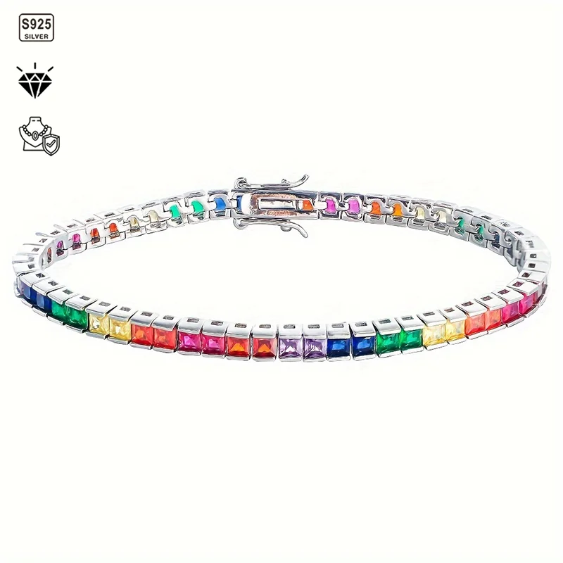 s925 Sterling Silver Colored Zircon Bracelet, Multi-color Gradient Tennis Bracelet, Colorful Diamond Jumping Block Bracelet, Va