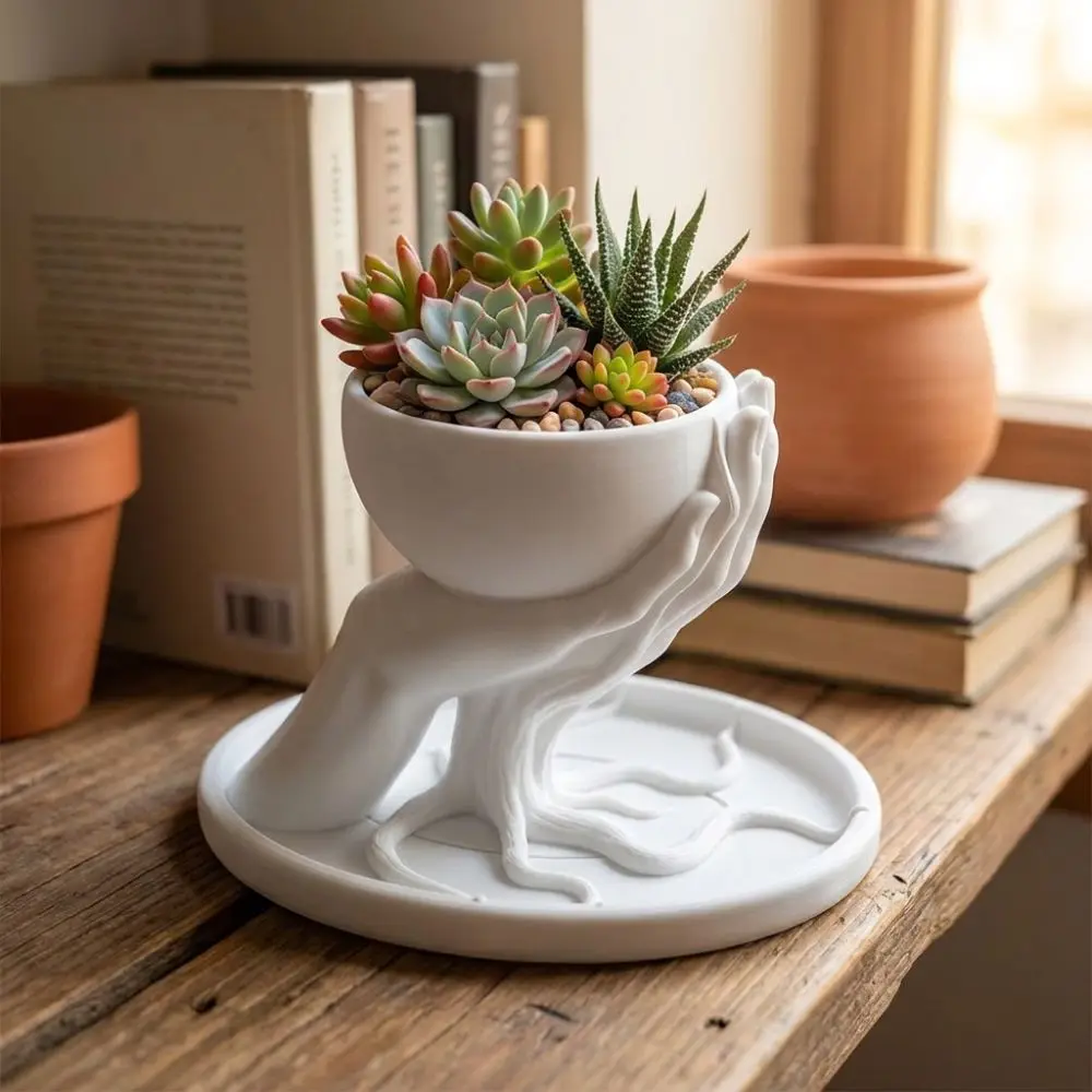 3D Printed Tree Hand Shape Succulent Pot Marble Texture Unique Hand Held Flowerpot Plastic Decorative Keys Storage Bowl Indoor