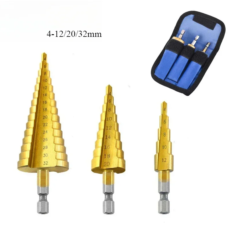 3pc 3-12/20/32mm 4-12/20/32mmHSS Straight Groove Step Drill Bit Set Titanium Coated Wood Metal Hole Cutter Core Drill Bit Set