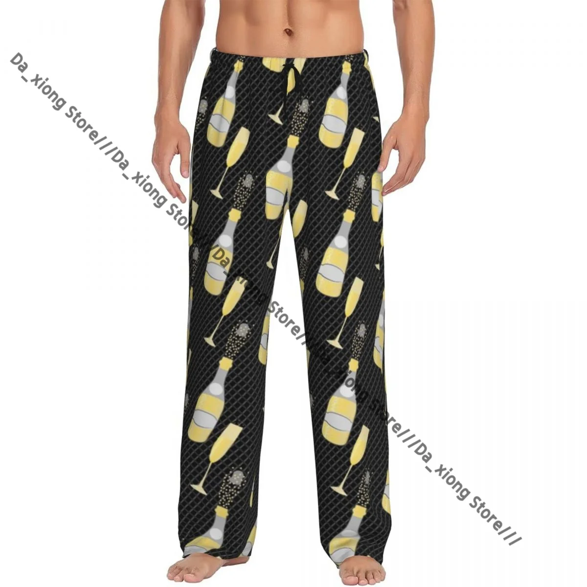 Champagne Bubbles Pattern Hand Drawn Bottles Glasses Mens Pajamas Pyjamas Pants Lounge Pants Sleep Bottoms