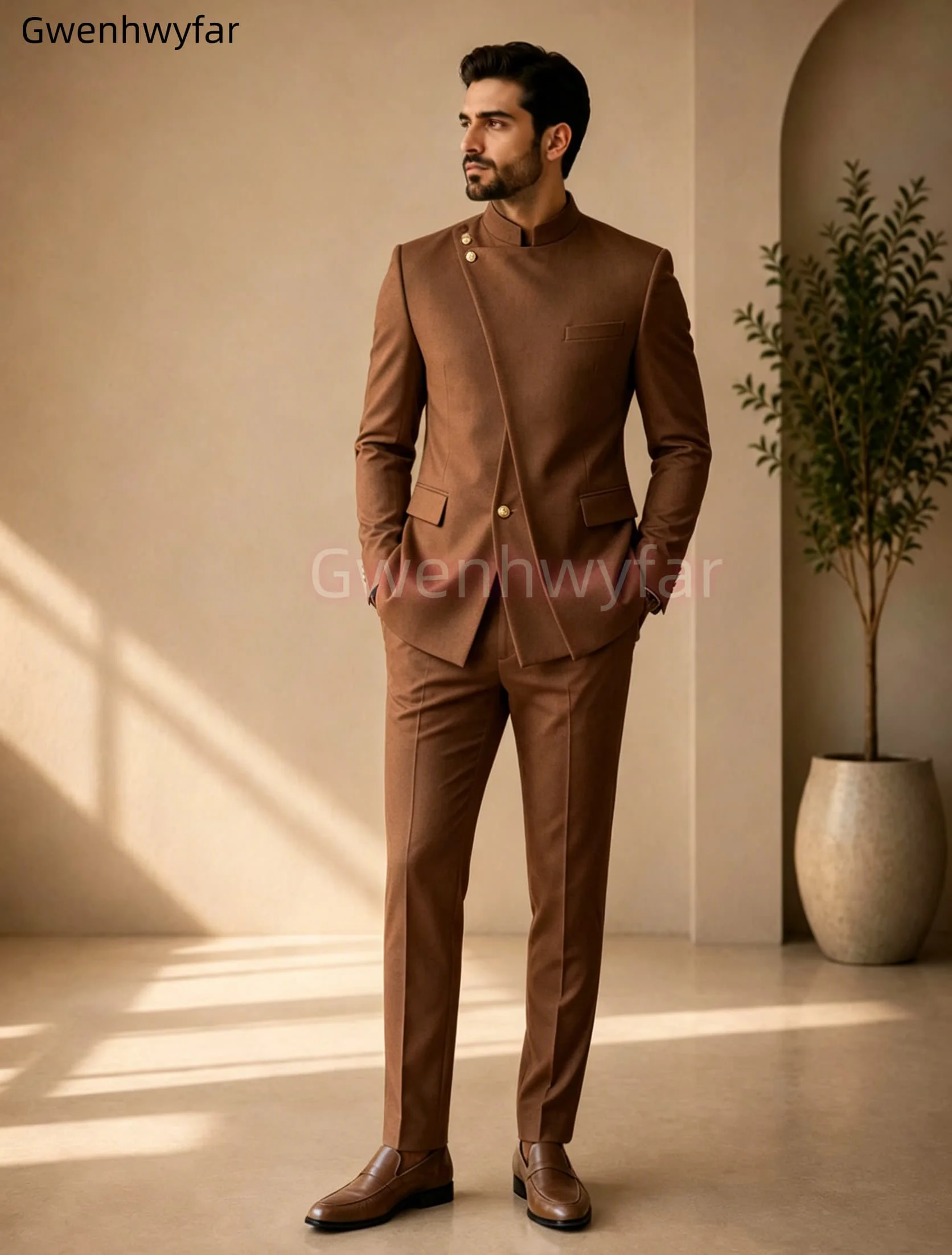 Gwenhwyar Neuankömmling Hellgraue Freizeitjacke mit Hose, formeller Business-Büroanzug für Herren, Bräutigam, Hochzeit, Party, Blazer, Hose – Detail 19