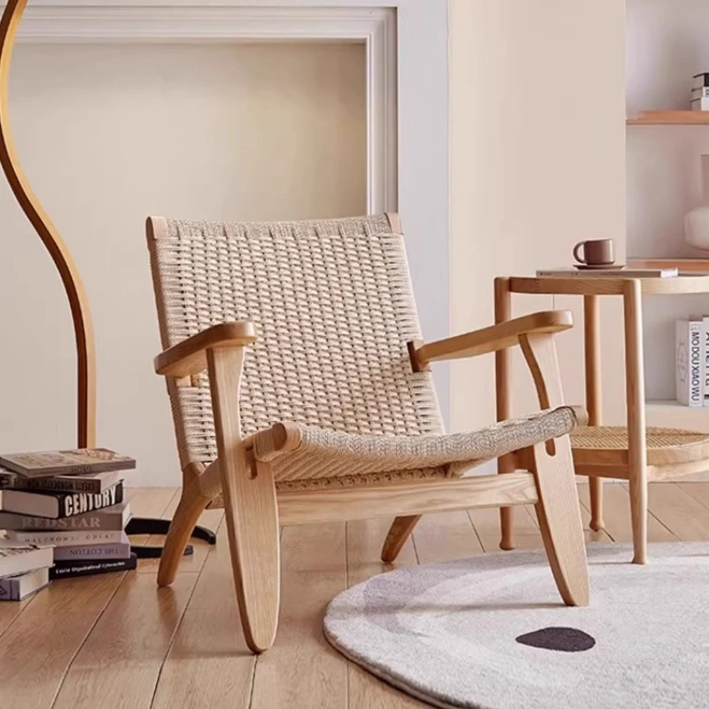 

Solid wood rattan armchair household living room balcony backrest reading chair simple single sofa chair lazy designer