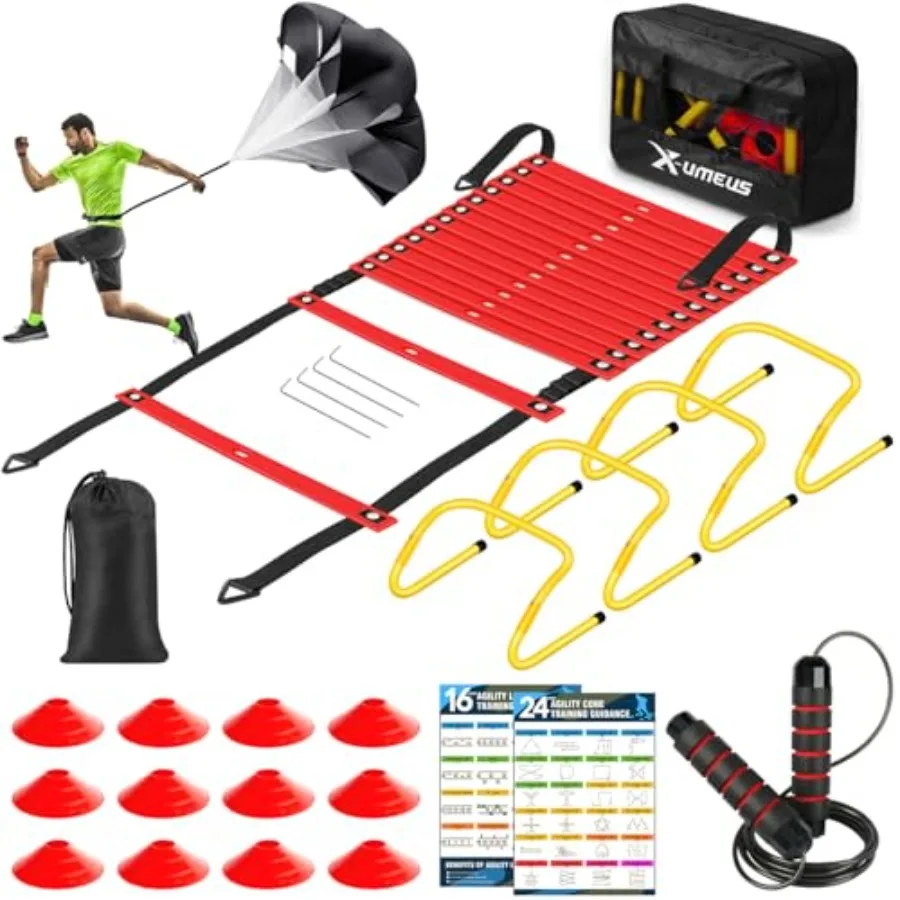 

Agility Ladder Speed Training Equipment Set-20ft Agility Ladder12 Soccer Cones 4 Hurdles Jump Rope Running Parachute Basketball