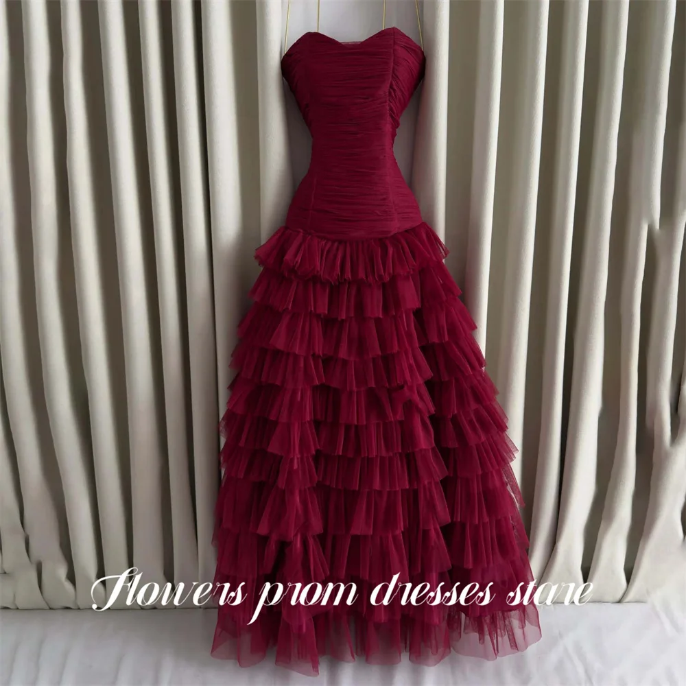

Flowers Burgundy Party Dress Strapless Evening Dress Layered Tulle A Line فساتين السهرة Simple Gala Dress Customized