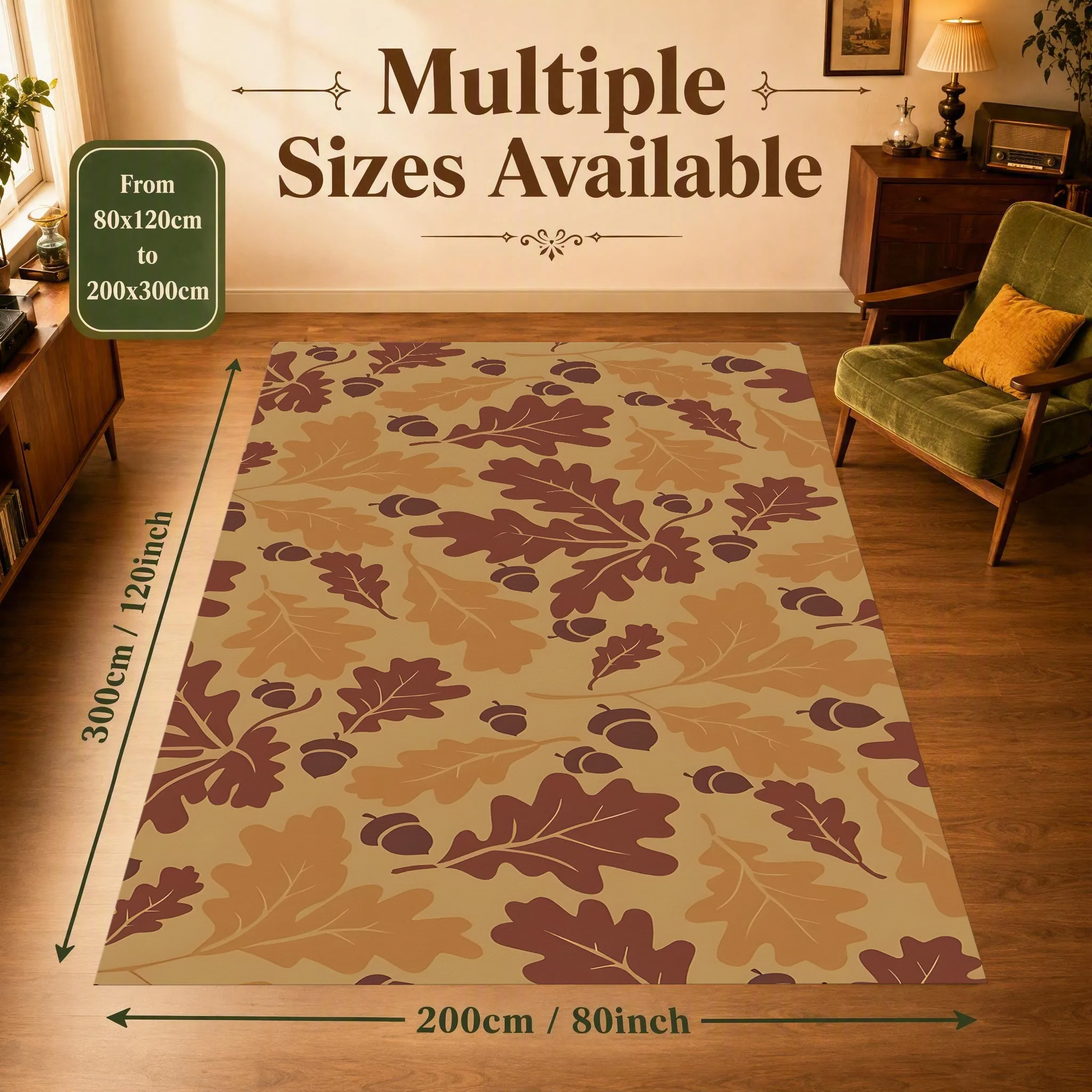 Oak Leaf Acorn Warm Brown Rug, Vintage Maillard Style Carpet for Living Room Bedroom, Cozy Home Decor