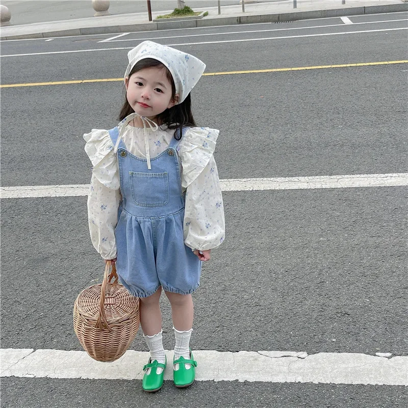 Children Set 2023 Spring Autumn Korean Style New Fashionable Girls Small Floral Flying Sleeve Shirt Denim Overalls Shorts Set