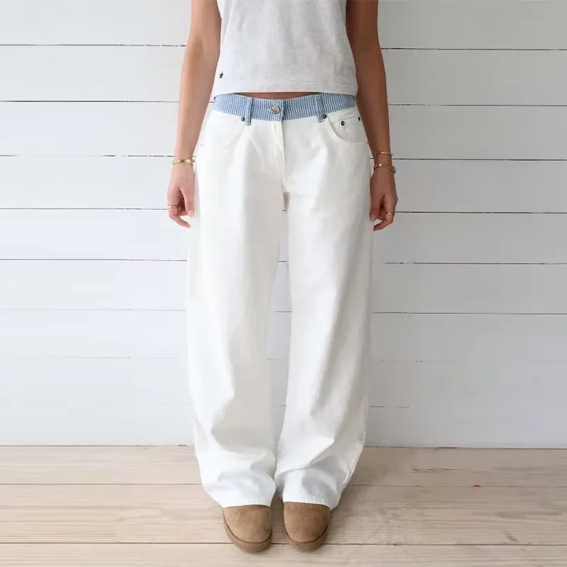 High-Waisted Wide-Leg Pants Women Chic Splicing Zipper Pocket High Waist Straight Trouser Daily Commuting Street Wear