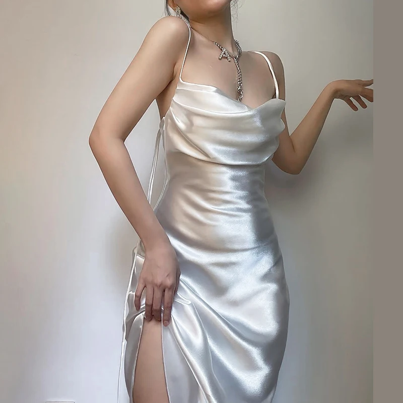 Casual Satin Dress with Ribbon, Slim Fit, European and American Style, Irregular,2024