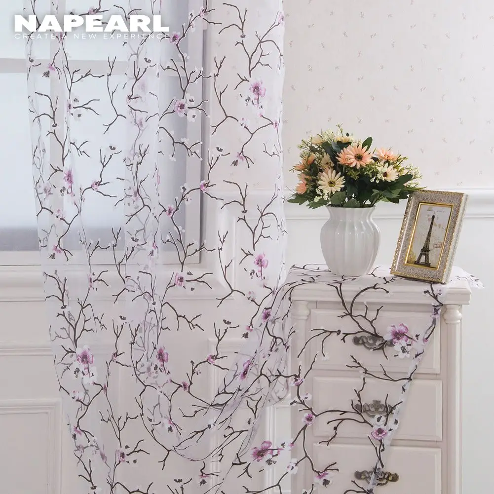 NAPEARL 1 PC Floral Tulle Curtains Modern Sheer Fabrics Purple Home Textile Kitchen Door Short Bedroom Window Treatment