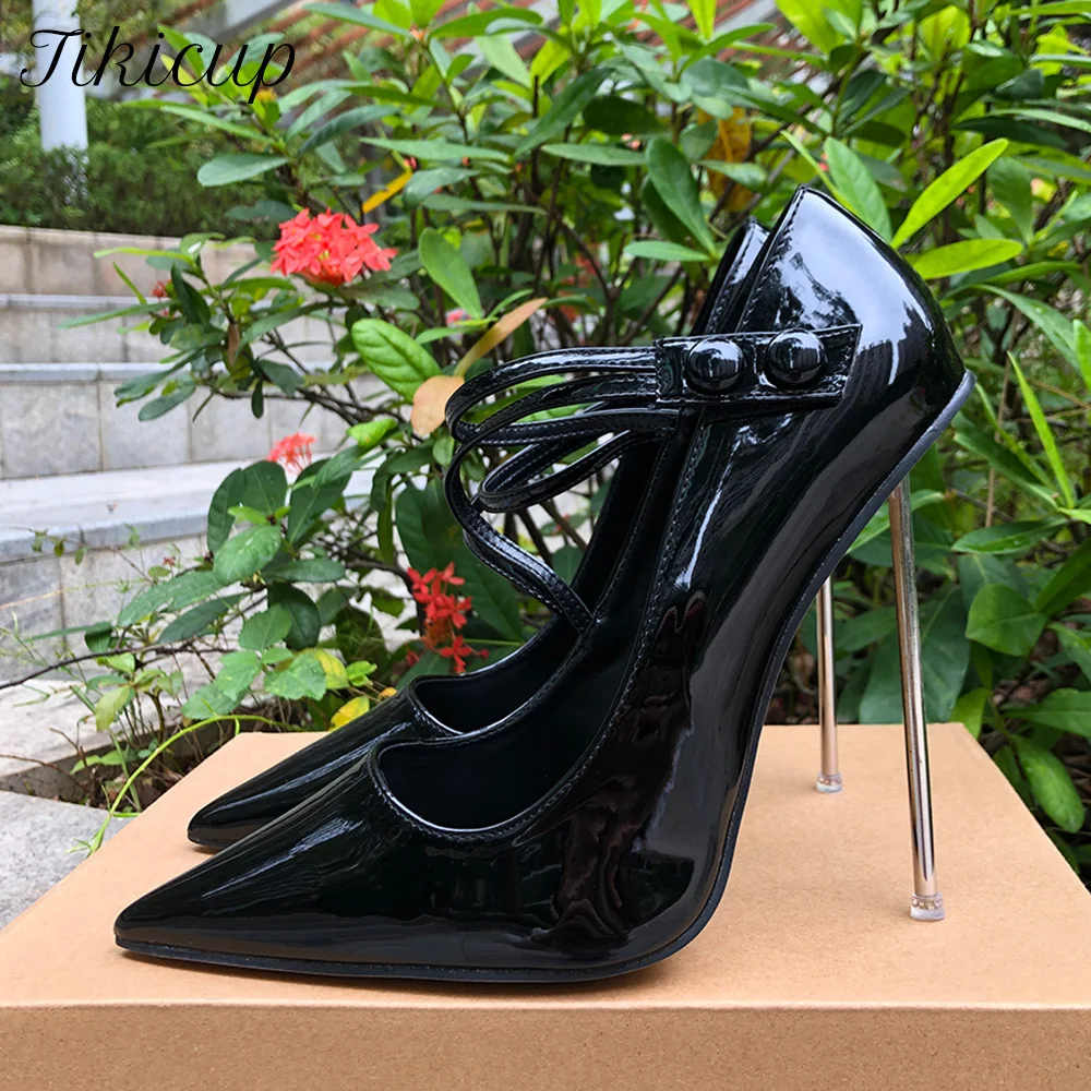 Women Pointy Toe Instep Strap 12cm Thin High Heels Sexy Black Stiletto Pumps for Party Cross Dresser Fetish Unisex Shoes Size46