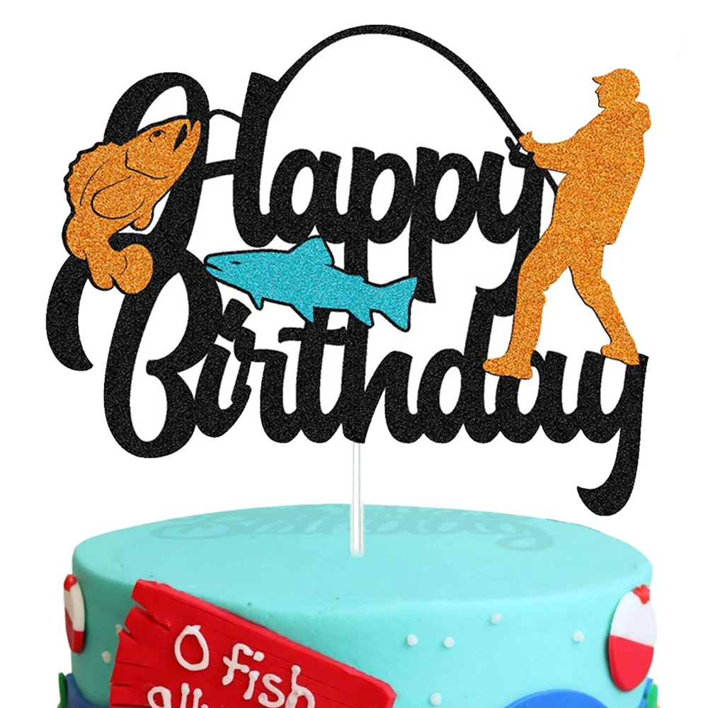 Gone Fishing Party Happy Birthday Cake Topper Party Supplies Glitter Little Fisherman Fish Themed Cake Decor Fishing Party Favor