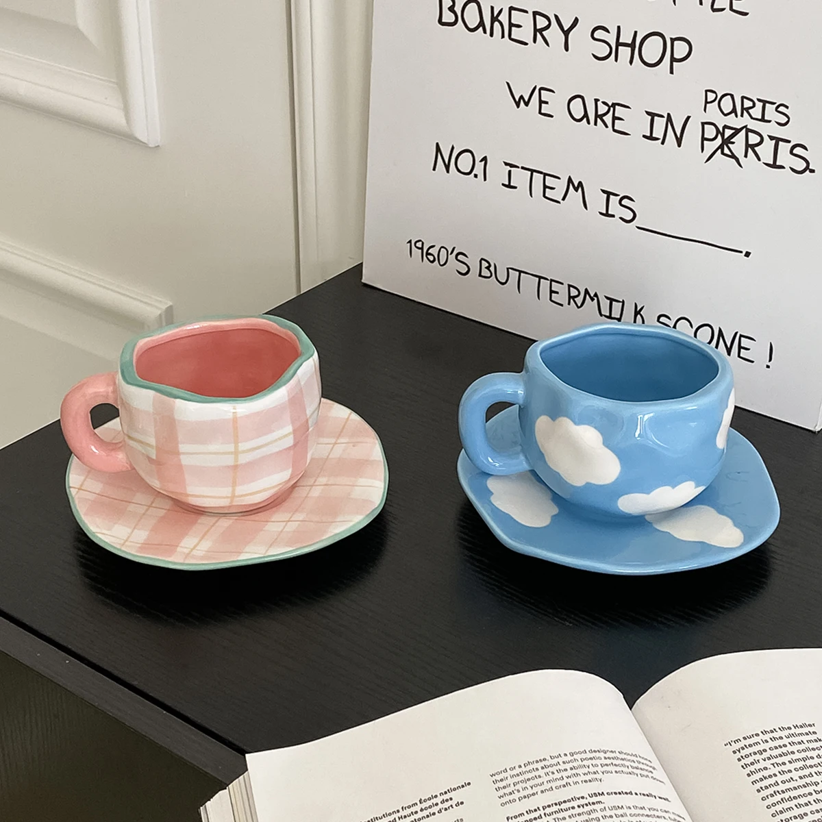 1Pc 280ml Original Design Nordic Style Hand-Painted Ceramic Coffee Cup and Saucer, Multi-Color Plaid, Heart, Blue Sky and White Clouds, Floral Mug, Suitable for Afternoon Tea, Milk Cup and Saucer, Latte Cup, Dessert Plate, Cup and Saucer Set, Great Gift Item view 5