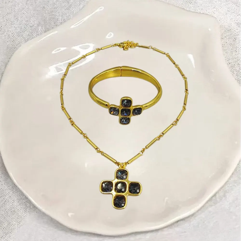 2026 Spain Gentle OL Style Gold Silver Cross Black Crystal Bracelet Necklace Jewelry Two Piece Set Party Gift