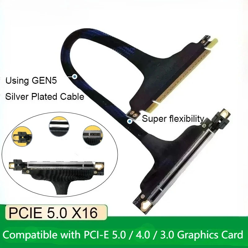 Thin PCI-E 5.0 X16 Graphics Card Vertical 90 Extension Cable GEN5 for AI Server Braided Mesh Silver-plated Wire GPU Adapter Cord