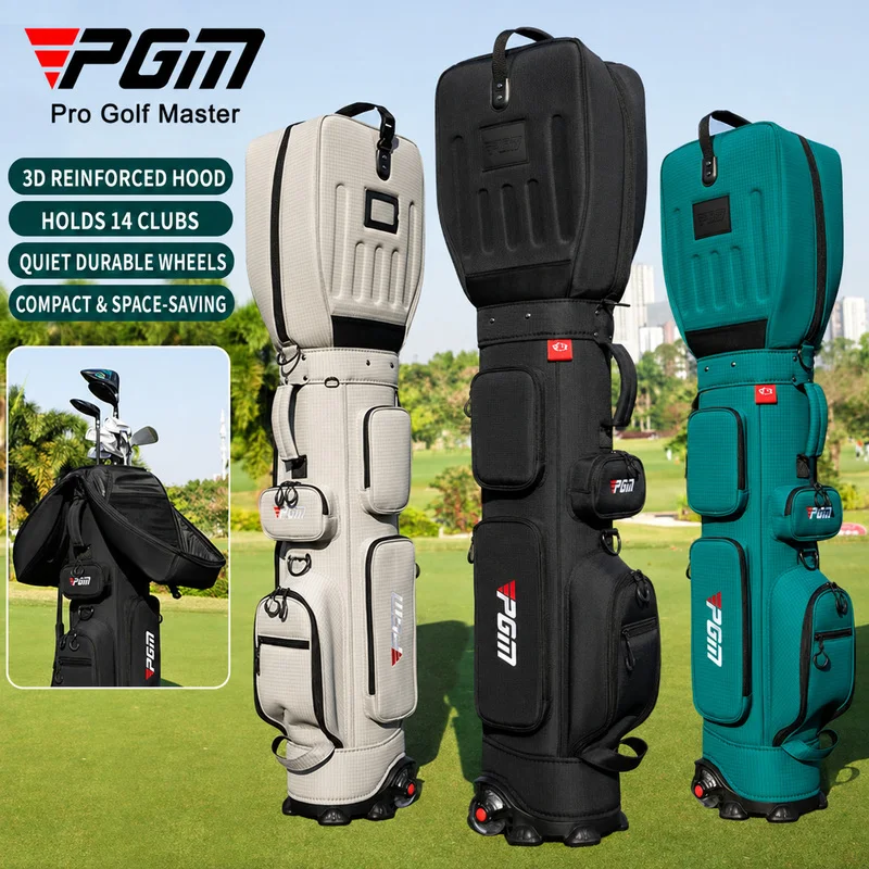 PGM Unisex Golf Travel Bag with Wheels 3D Reinforced Hood Waterproof Nylon Lightweight Airline Bag Holds 14 Clubs QB177
