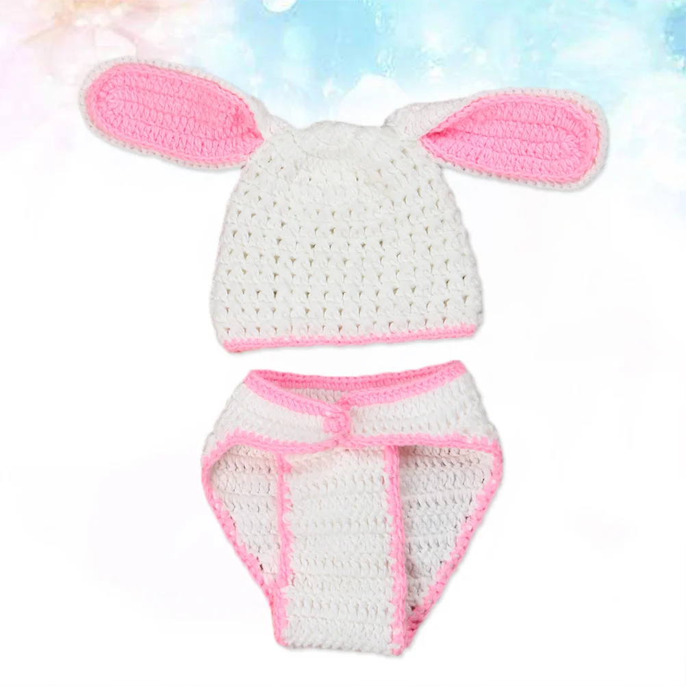 الوليد الطفل التصوير الدعائم أرنب الزي مجموعة الكروشيه متماسكة قبعة بانت آذان كبيرة الأرنب الوردي الأبيض الطفل صور الدعائم #3