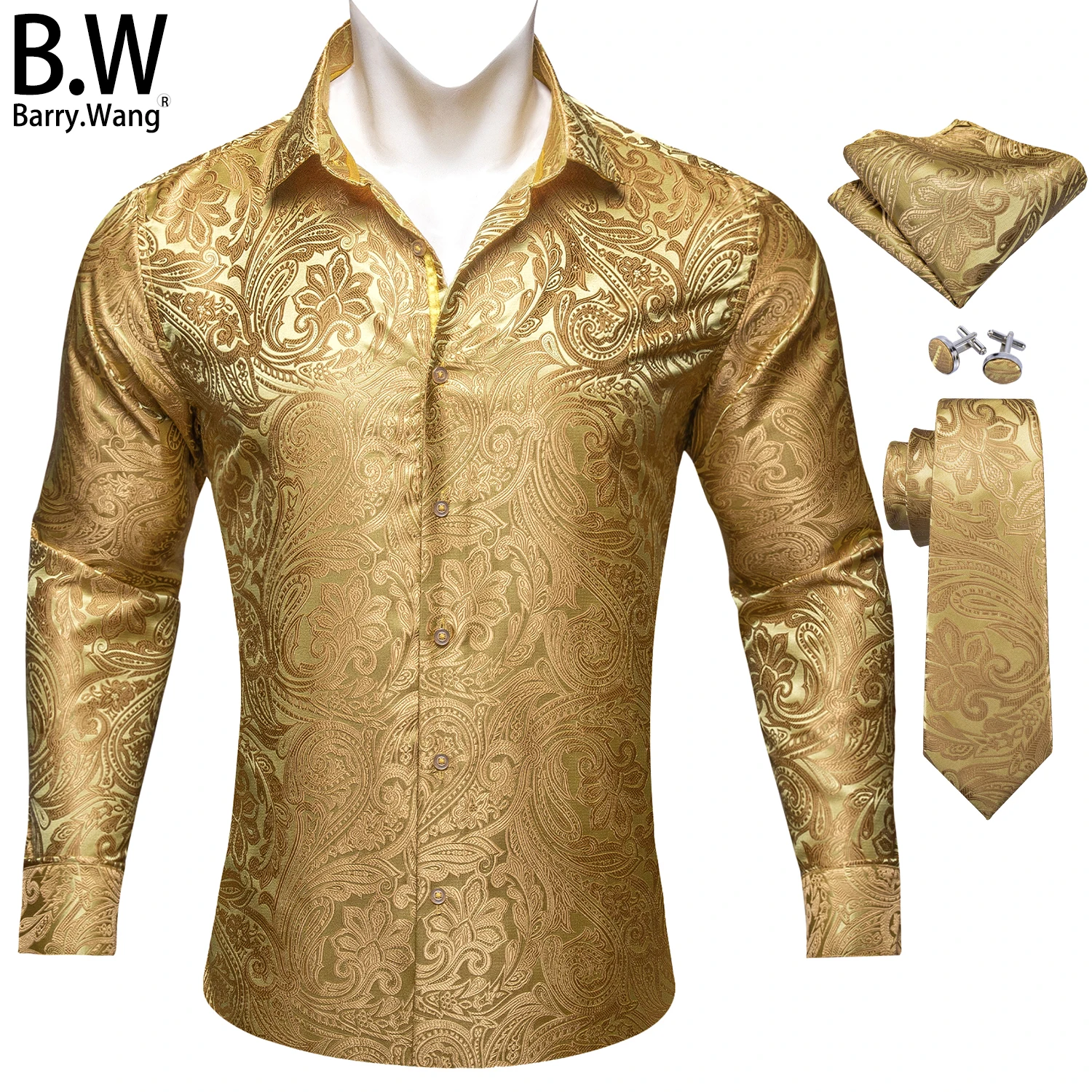 

Barry.Wang Luxury Silk Men's Shirt Tie Hanky Cufflinks Jacquard Floral Paisley Long Sleeves Male Blouse Necktie Wedding Business