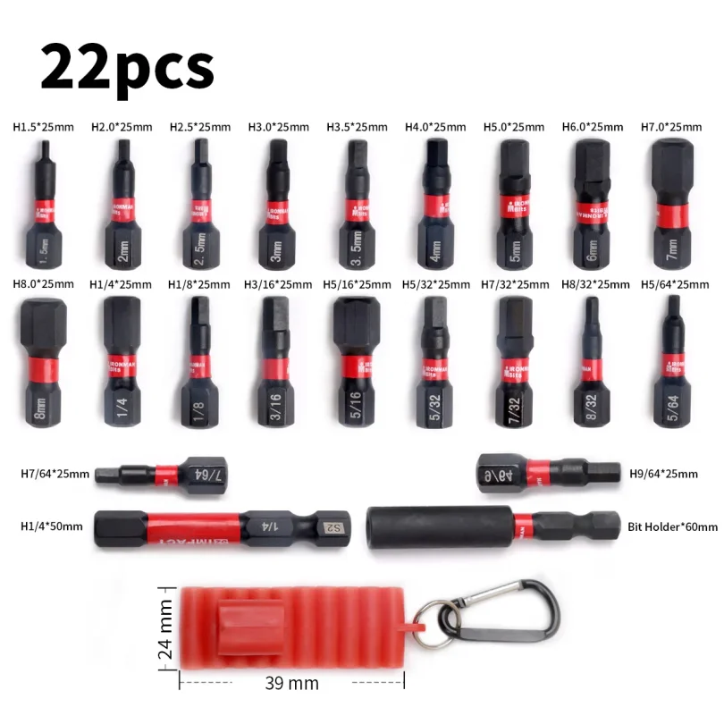 22Pcs Electric Hexagon Bit Set (Metric & Imperial) With Organizer Sleeve Portable 1Pc Bit Holder Anti-slip Tool Accessories