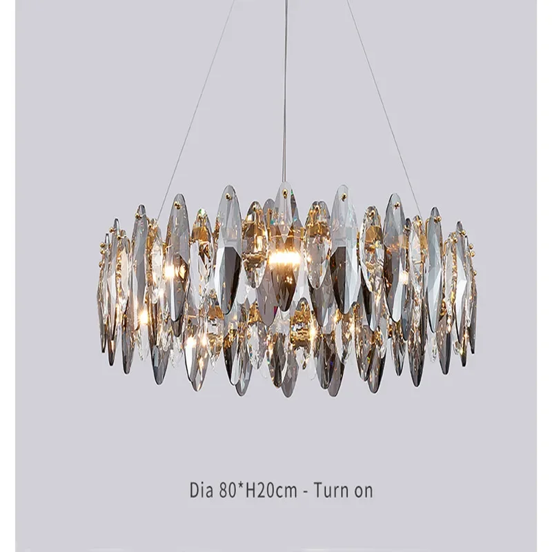 

Modern Smoke Gray Crystal Ceiling Chandelier Round / Wavy Gloss Glass for Restaurant Living Room Exhibition with Gold Base Plate