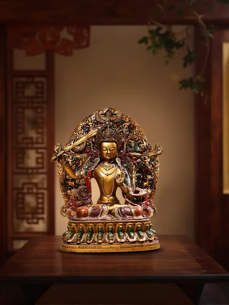 Old Bronze Painted High Relief Manjushri Bodhisattva Sitting Buddha Divine beast backlight Buddha Terrace Worship Hall