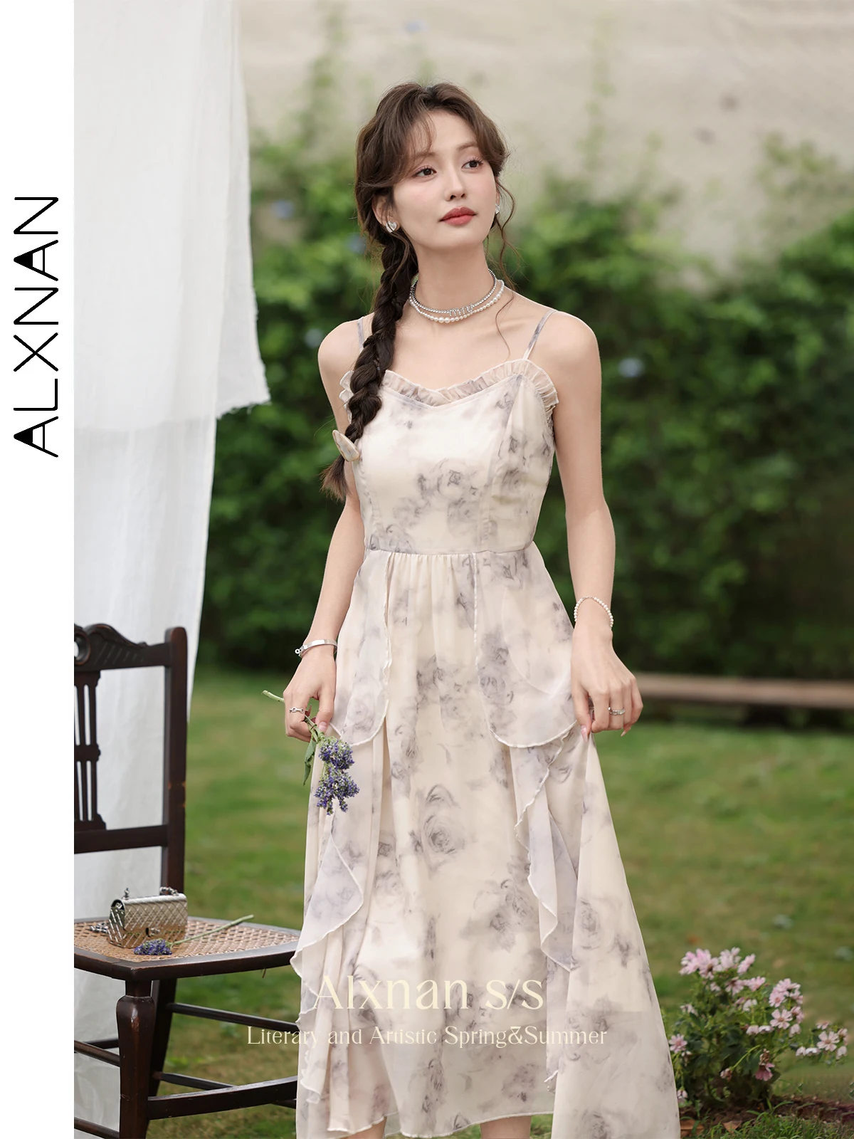 ALXNAN Damenkleid, lang, A-Linie, Rüschen, Riemen, elegant, bedruckt, Kleid, 2025, Sommerurlaub, Strandparty, Damenbekleidung, Neu, L33952