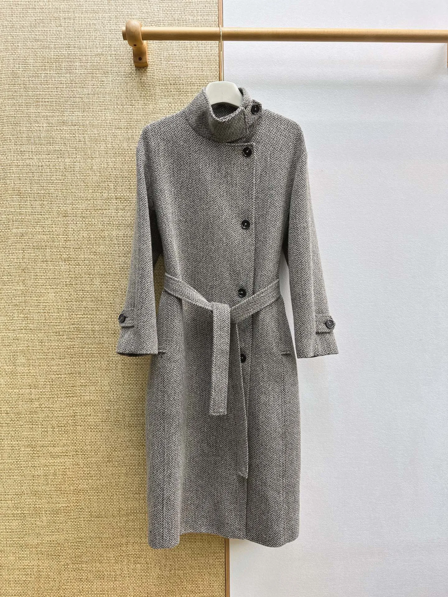 New Autumn Winter Vintage Herringbone Long Wool Coat, Stand Collar Belted Woolen Outerwear