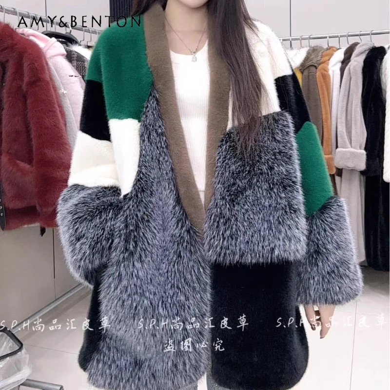 

Faux Fur Winter Fashion Show Style Color-Block Stylish Mid-Length Thick Slimming Furry Coat Long-sleeves Warm Comfortable Jacket