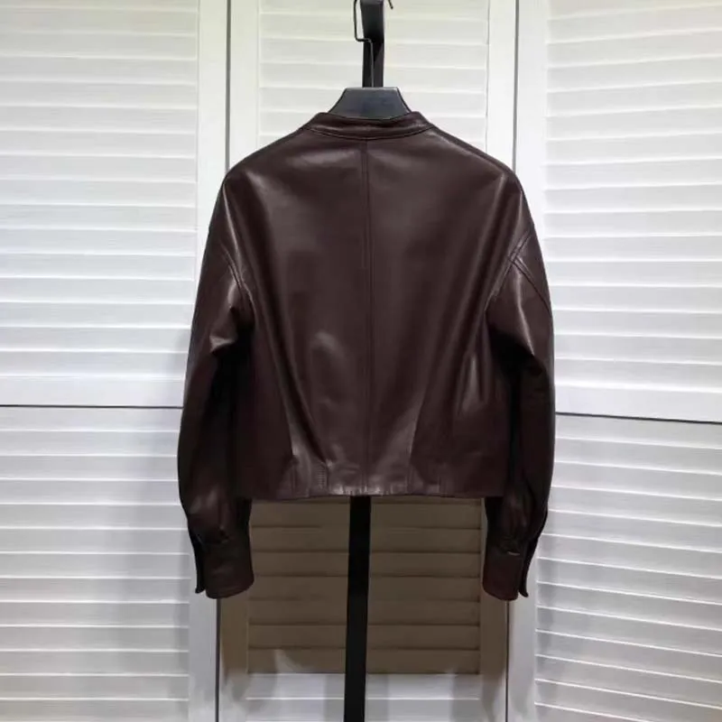 Genuine Leather Jacket O-Neck Collar Clothes Women Coat Spring Short Length Drop-Shoulder Single Breasted Pocket Decoration