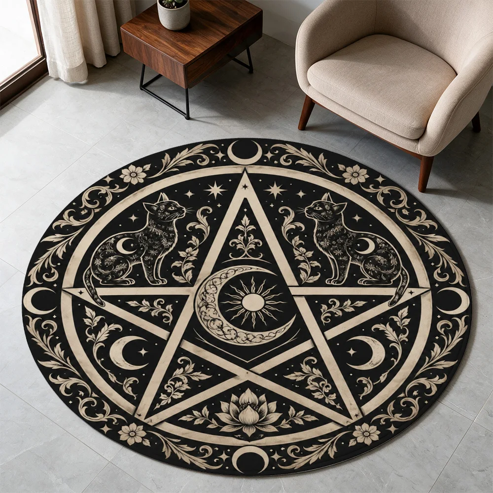 Mystic Celestial Cat Tarot Astrology Stele Round Area Rug Bohemian Witchy Home Decor Gift
