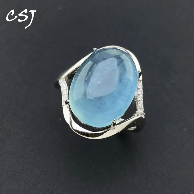 

CSJ Elegant Natural Aquamarine Rings Sterling 925 Silver Gemstone Oval 12*16mm for Women Birthday Party Jewelry Gift