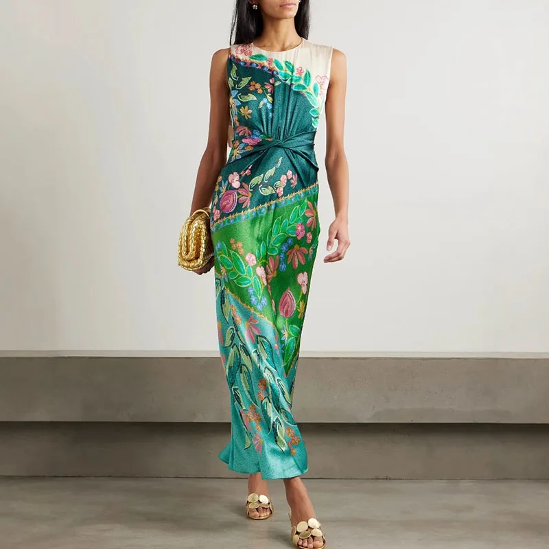 2025 New Retro O Neck Zipper Maxi Dress Summer Satin Floral Print Folds Party Dresses Spring Women Elegant Sleeveless Boho Dress