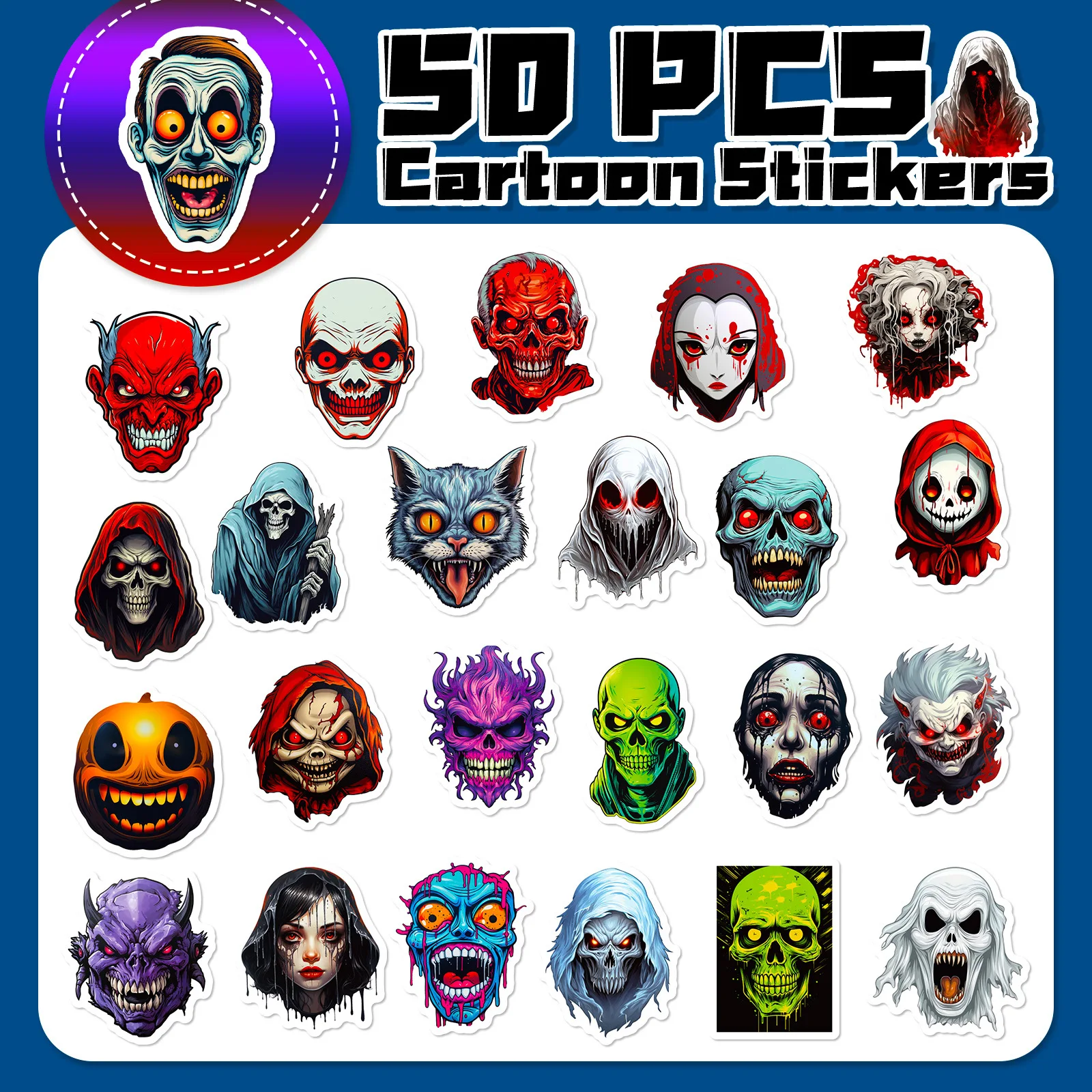 50pcs Horror Ghost Face Graffiti Sub-Horror Skull Halloween Spoof Scene Layout Suitcase Skateboard Helmet Waterproof Sticker