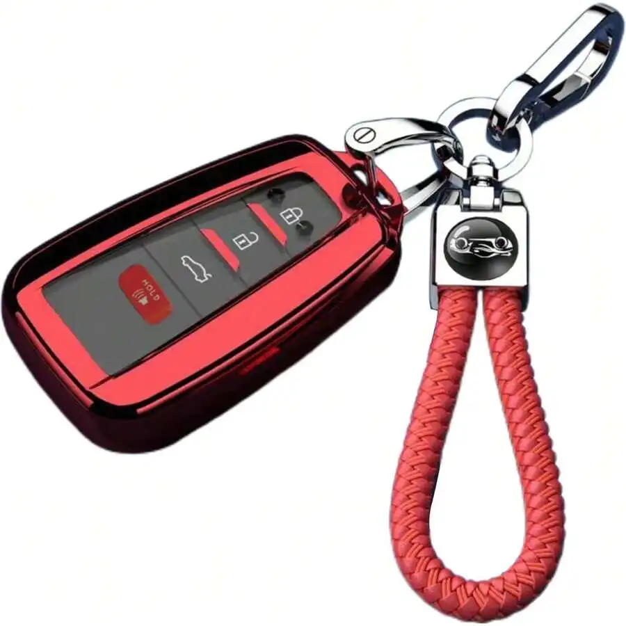 

Red TPU Car Key Fob Cover With Braided Keychain For Toyota Highlander Corolla Prius RAV4 Camry Avalon C-HR GT86 2018-2024