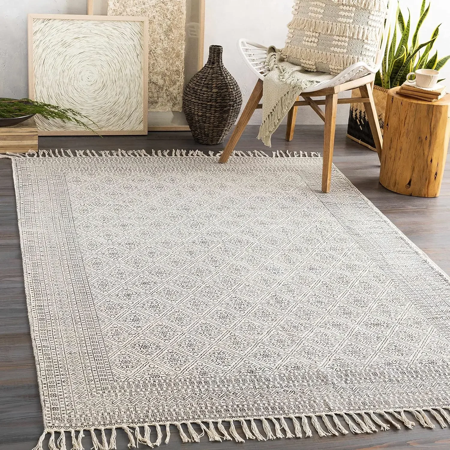 

Hand Woven Moroccan Farmhouse Living Room,Bedroom Cotton Area Rug - No Pile Hand Woven Rug with Tassel - Boho,Bordered