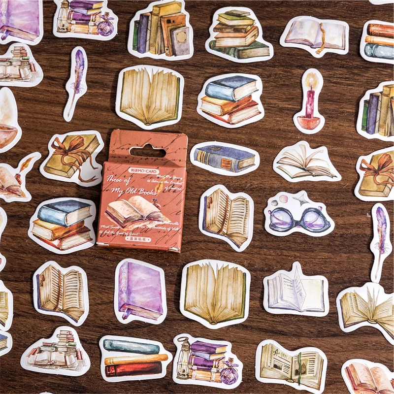 46Pcs Box Stickers Fiction Glasses Books Basic Supplies Decorative Material Painted Collage Books School Scrapbooking 44MM