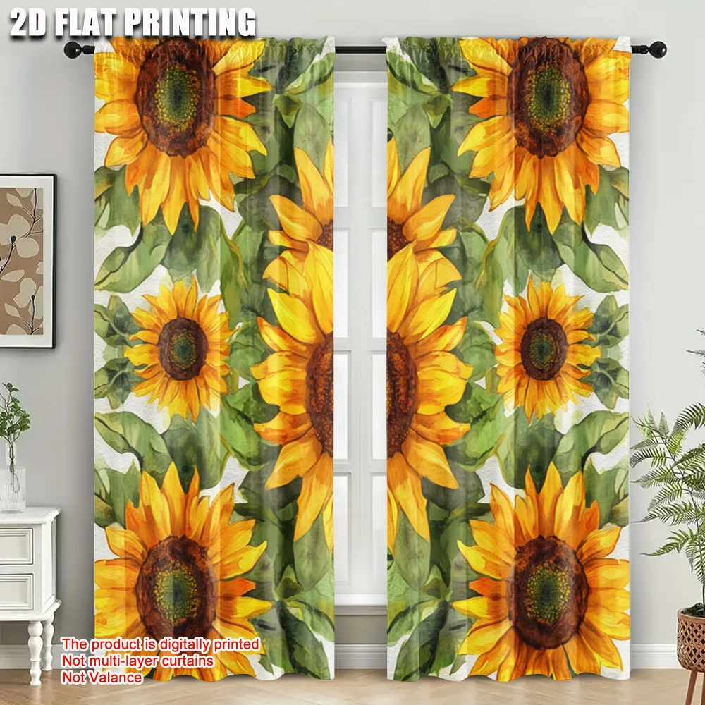 2pcs, Curtain Popular 2D print Rural Sunflower Flower Machine Washable Fabric (without rod) Holiday Perfect for Bedroom, Living