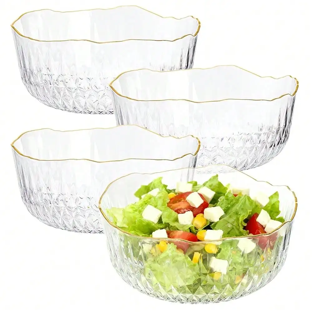 Frcctre 4 Pack Clear Plastic Serving Bowls, 70 Ounce Crystal Salad Mixing Bowl, 9 Inch Round Plastic Bowls Disposable Catering Bowls For Party, Salad, Fruit, Snack, Chip, Corn