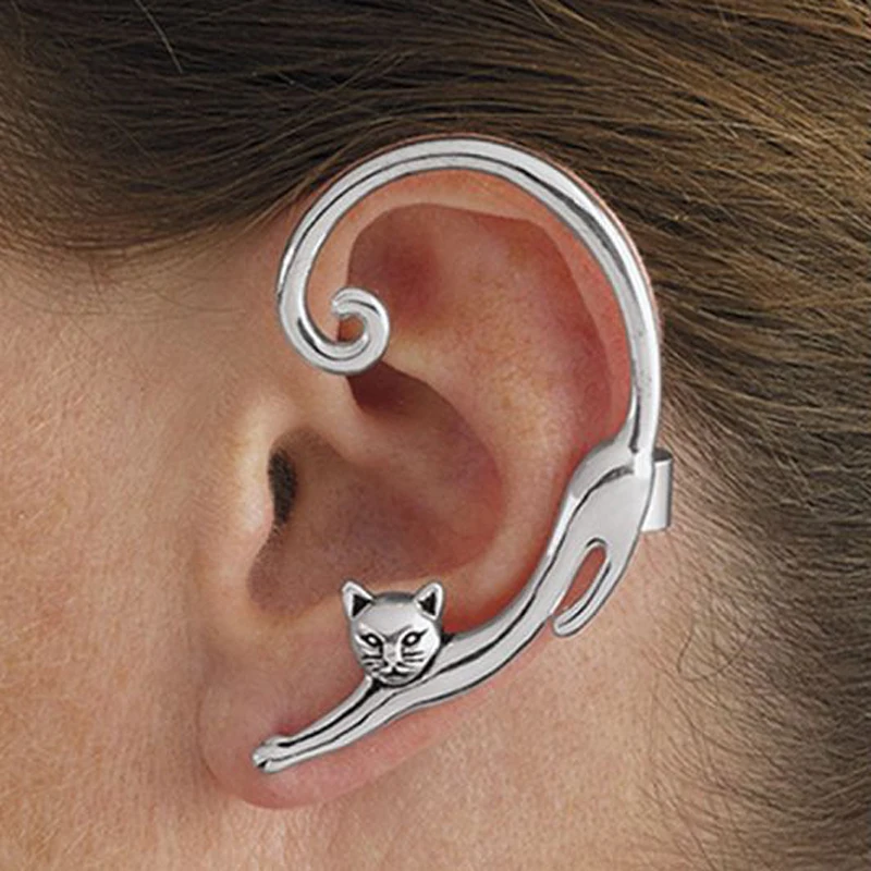 

2023 New Single Piece Punk Style Gold Silver Plated Cat Post Earring Cartoon Ear Cuff Rock Animal Clip Earring Women Ear Wrap