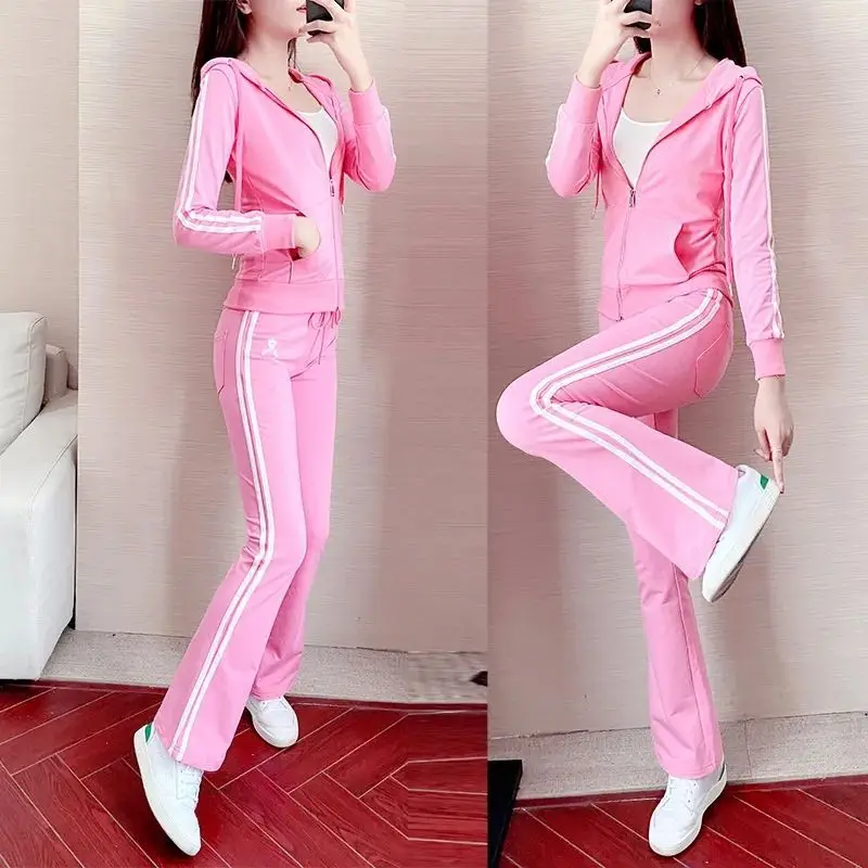 Autumn new Korean version sports suit women's fashion slim fit flared pants casual hooded sweatshirt jacket three piece set