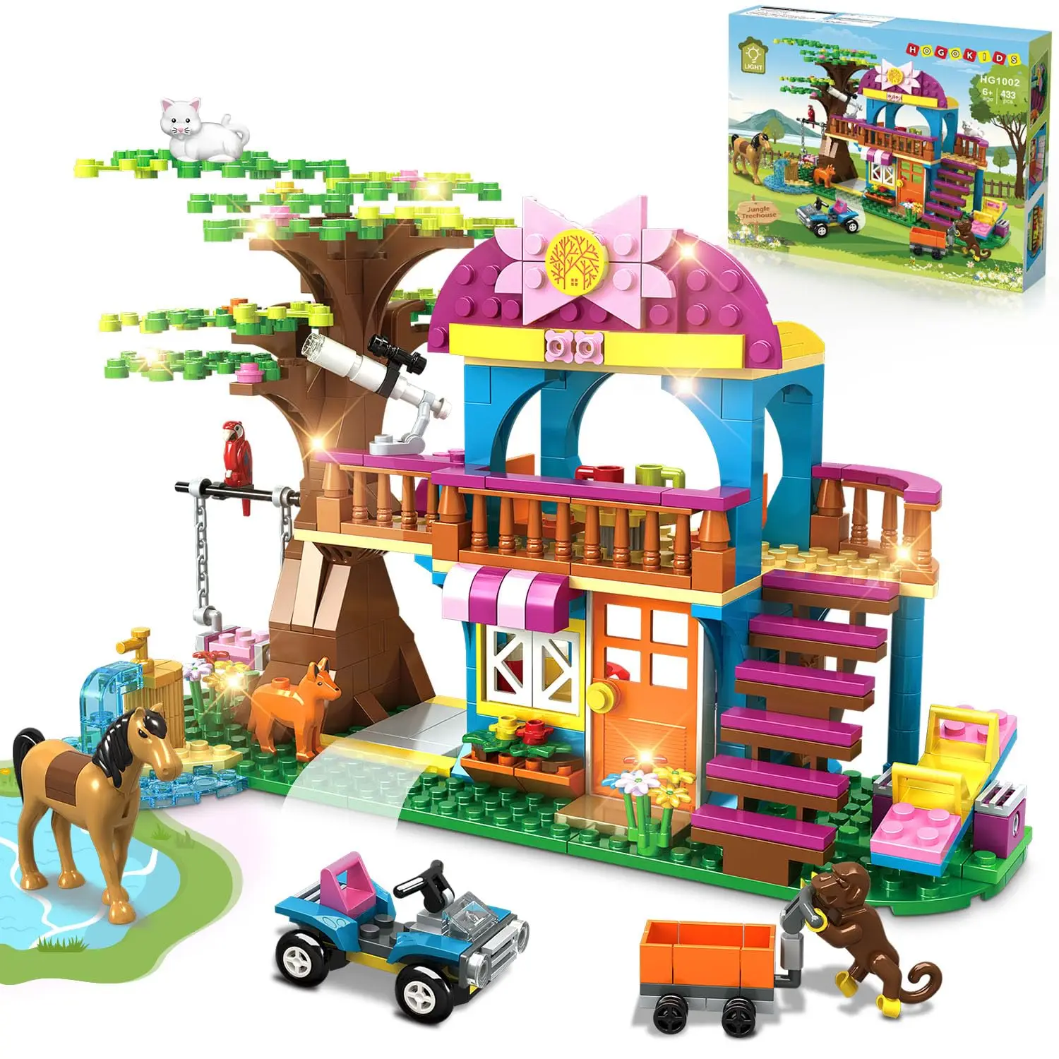 

HOGOKIDS Tree House Building Sets with LED-Jungle with Car Horse Animals Swing Playset Forest House Birthday Gift for Kids 6+