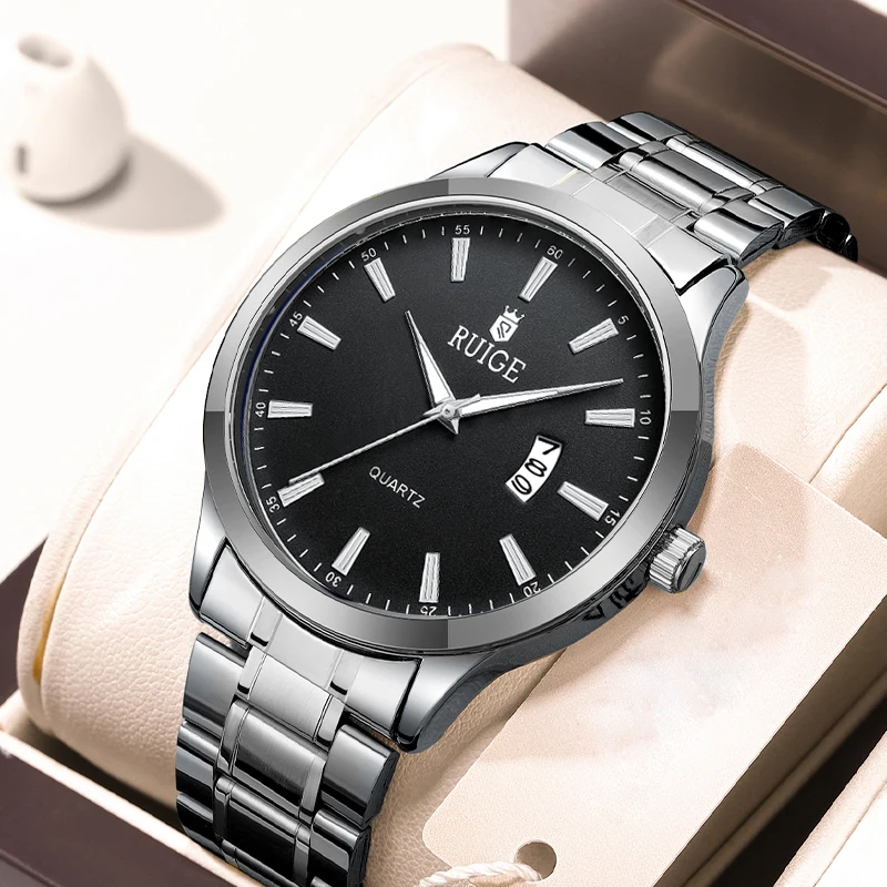 RUIGE New Men's Watch Original Authentic Stainless Steel Quartz Men's Watch Night Glow Waterproof Business Calendar Watch