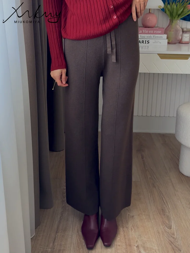 MiuKoMiYa Calças femininas largas de malha com cordão, calças soltas marrons quentes, cintura alta, retas, pernas largas, cortadas de malha, outono