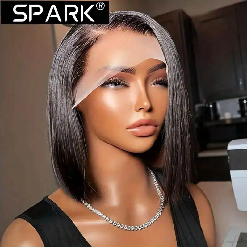 

SPARK 13x4/4x4/T Part Lace Short Bob Wigs 100% Human Hair Straight Natural Black Brazilian Hair Transparent Lace Pre Plucked