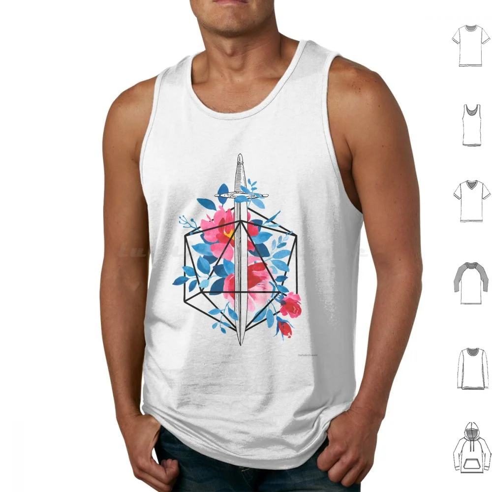 D20 Sword & Flower Tank Tops Print Cotton And Dnd D D Rpg Dice D20 Dm Master Fantasy Rpg Ttrpg Dragon Gaming Nerd