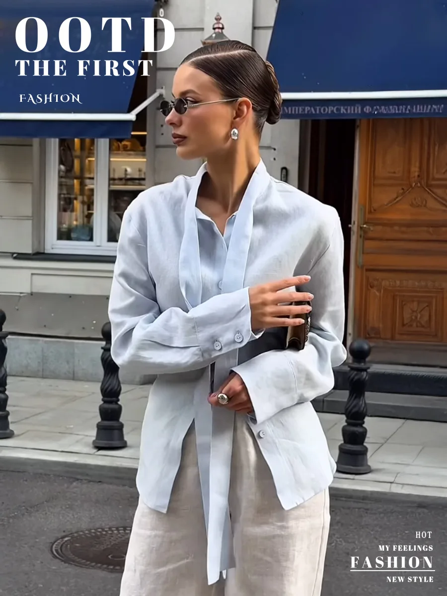 

New Elegant Shirt Spring Summer Solid Color Simple Fashion Commuter Style Pure Cotton Long-sleeved Lapel Single-breasted Top