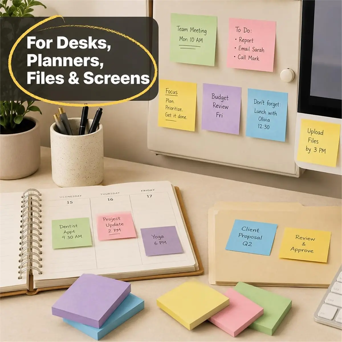 Home Tool Sticky Notes for Company School Home, 9 Pads 100 Sheets Each, Super Sticky Bright Color Memo Pads, 3x3 Inches
