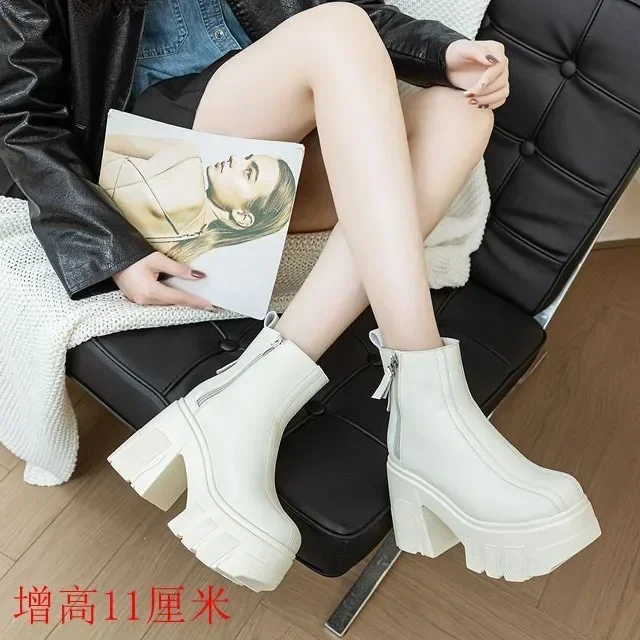 Fujin 11cm New Microfiber Leather Women High Brand Pumps Heels White Shoes ZIP Increase Casual Ankle Boots Platform Wedge Shoes