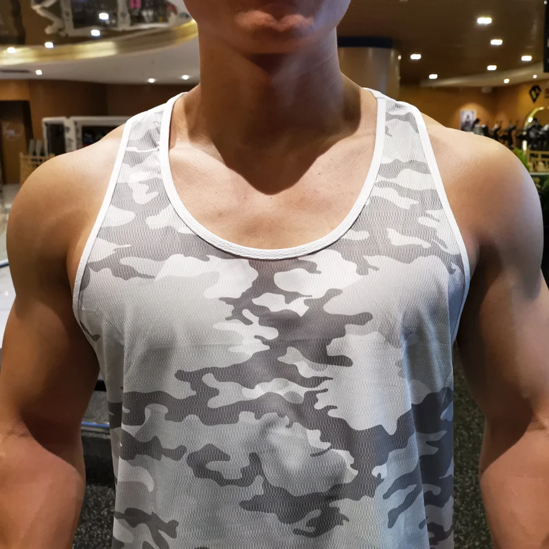 Men White Camouflage I-Shaped Vest Sleeveless Backless Loose Quick-drying Sports Fitness Clothes Training Muscle Shirt